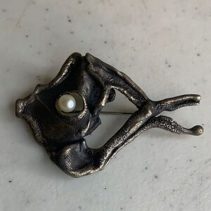 Elegant Brutalist Shaped Brooch with a real Pearl Accent. Made of Pewter metal.